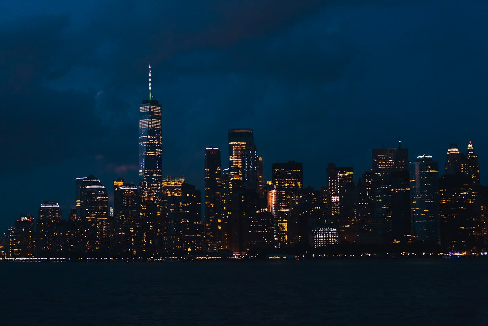 City skyline lit up at night